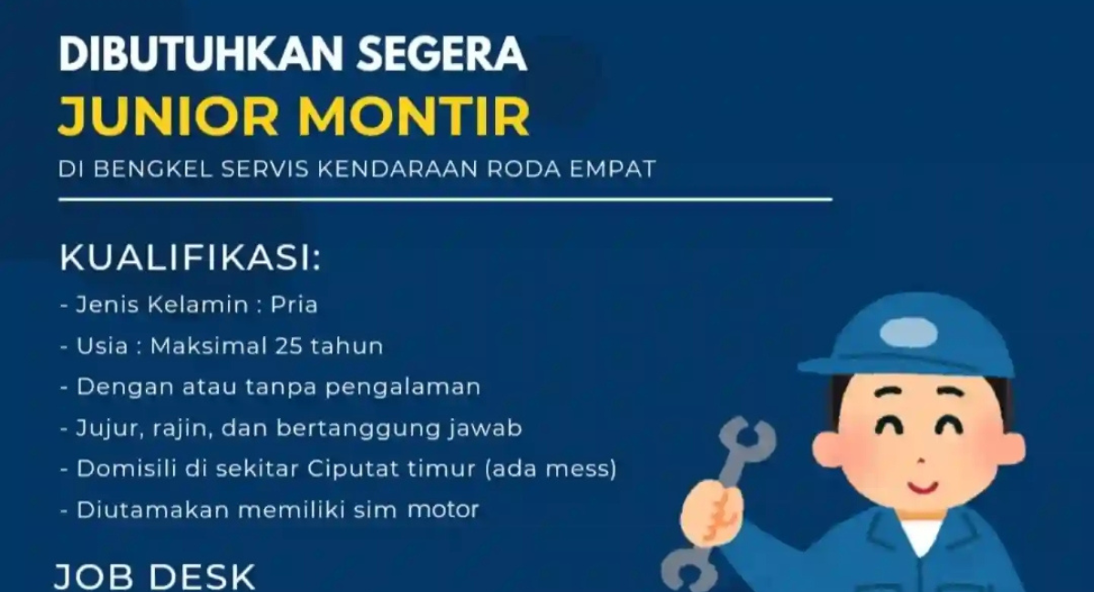 Lulusan SMA/SMK Merapat! Lowongan Kerja Junior Montir di Ciputat Timur, Gaji Plus Insentif, Cek Syaratnya